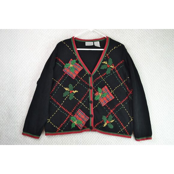 Basic Editions Holiday Women's Large Christmas Embroidered Sweater Cardigan - Picture 1 of 11